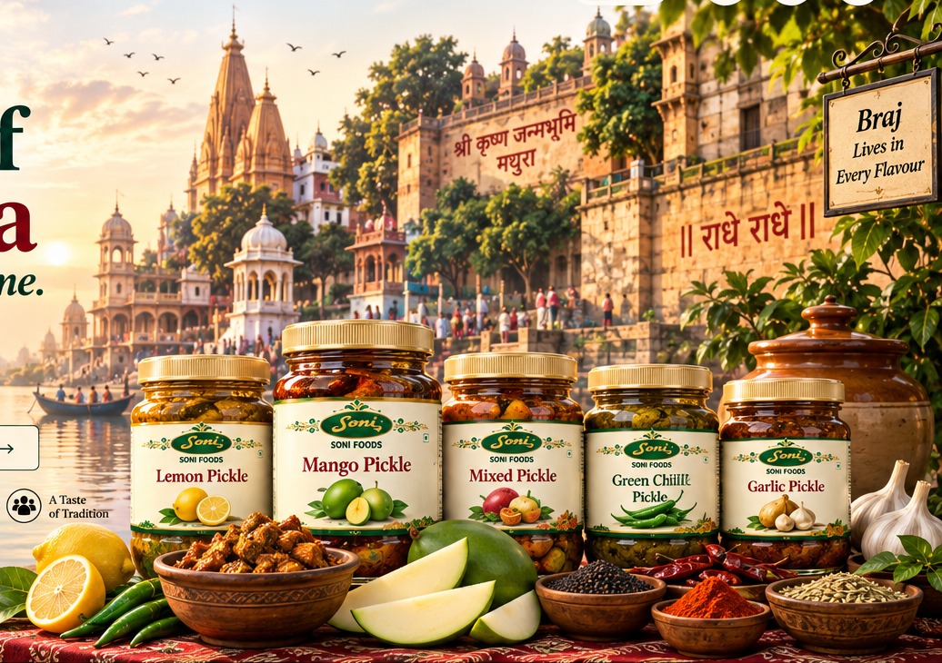 Mathura Braj heritage scene with Soni Foods pickle jars